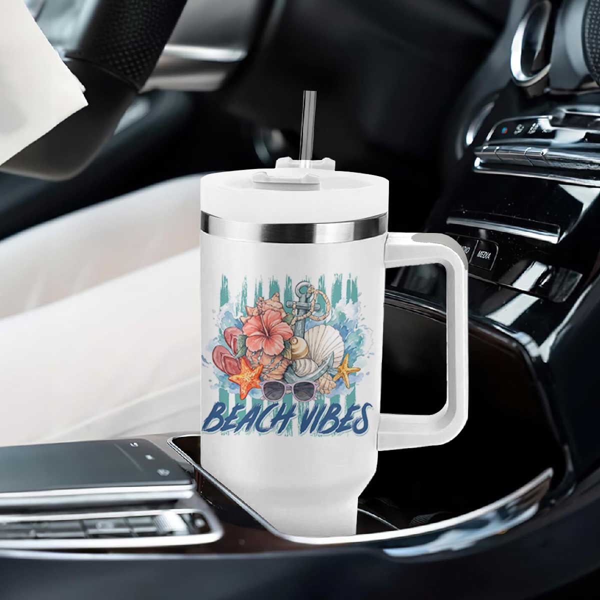 Beach Vibes Tumbler With Handle Floral Seashell Coastal Vacation Graphic TS12 Print Your Wear