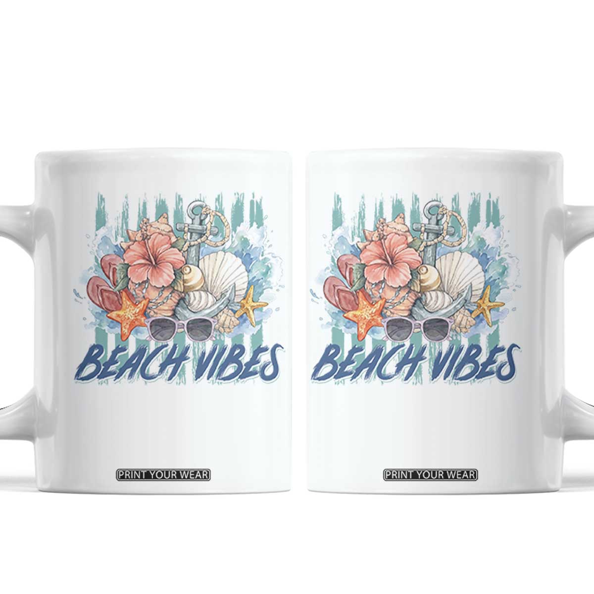 Beach Vibes Coffee Mug Floral Seashell Coastal Vacation Graphic TS12 White Print Your Wear