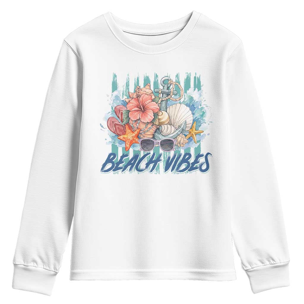 Beach Vibes Youth Sweatshirt Floral Seashell Coastal Vacation Graphic TS12 White Print Your Wear