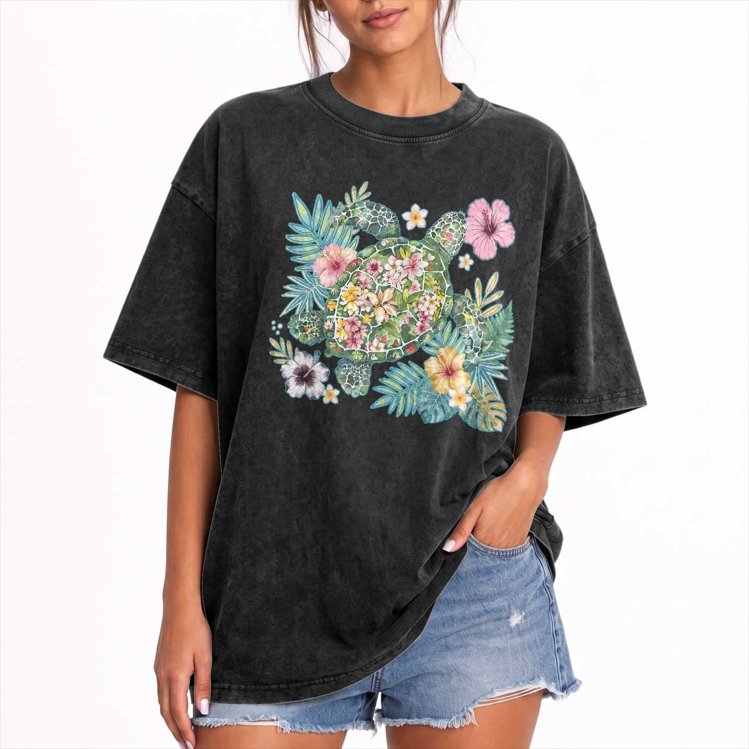 Floral Summer Turtle Washed Cotton T-Shirt Preppy Tropical Coastal Beach Graphic