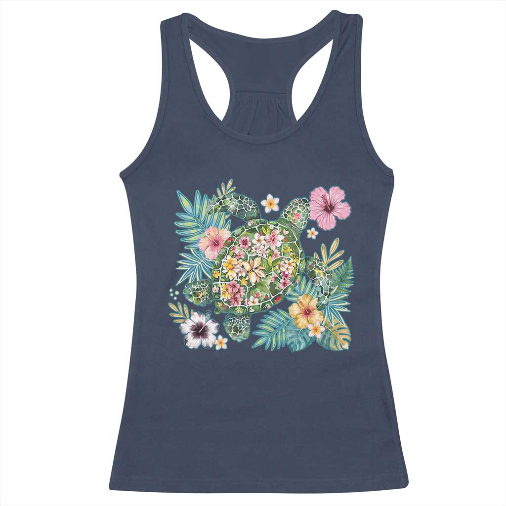 Floral Summer Turtle Racerback Tank Top Preppy Tropical Coastal Beach Graphic TS12 Navy Print Your Wear