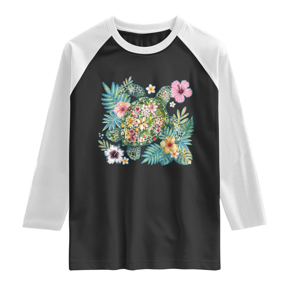 Floral Summer Turtle Raglan Shirt Preppy Tropical Coastal Beach Graphic TS12 Black White Print Your Wear