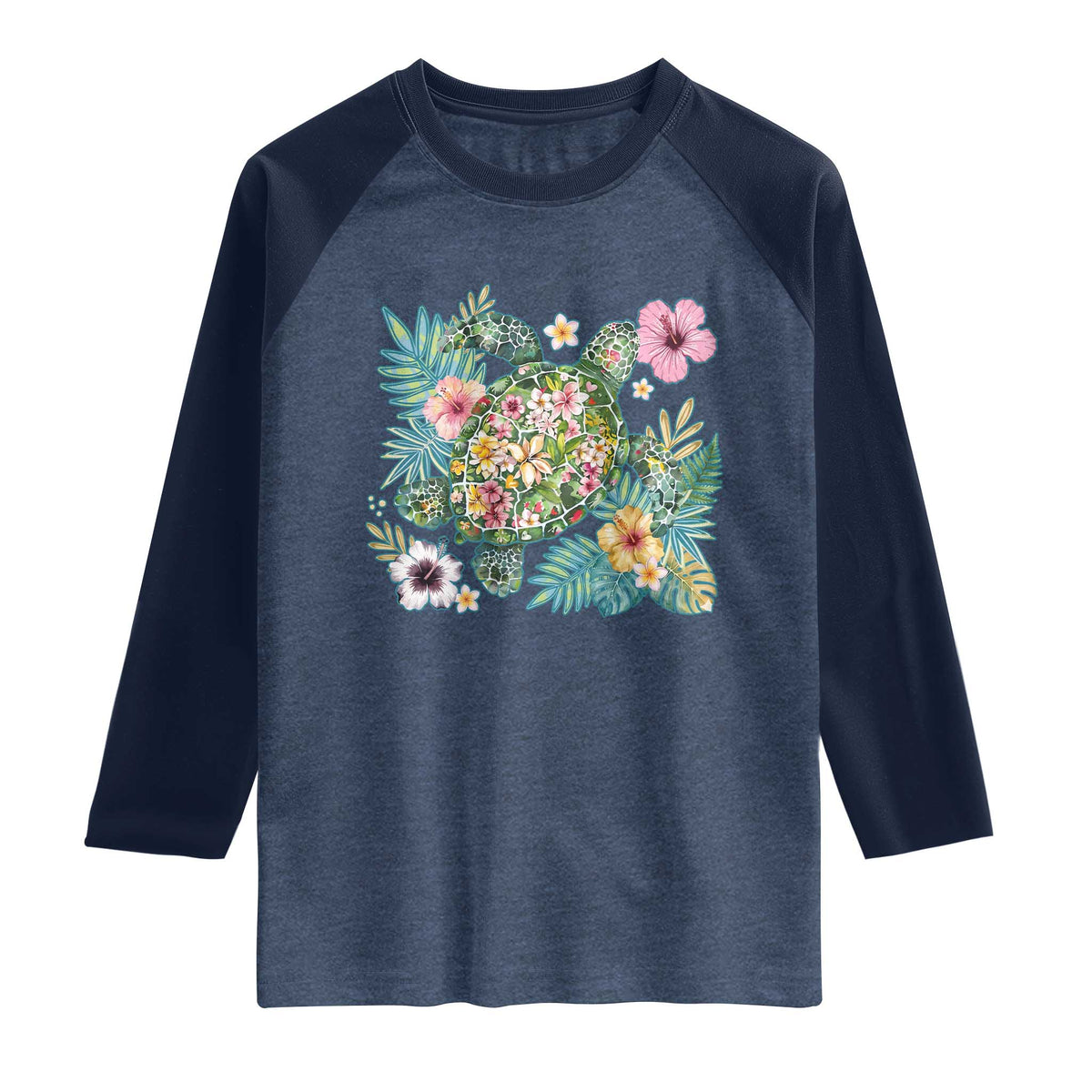 Floral Summer Turtle Raglan Shirt Preppy Tropical Coastal Beach Graphic TS12 Heather Denim Navy Print Your Wear