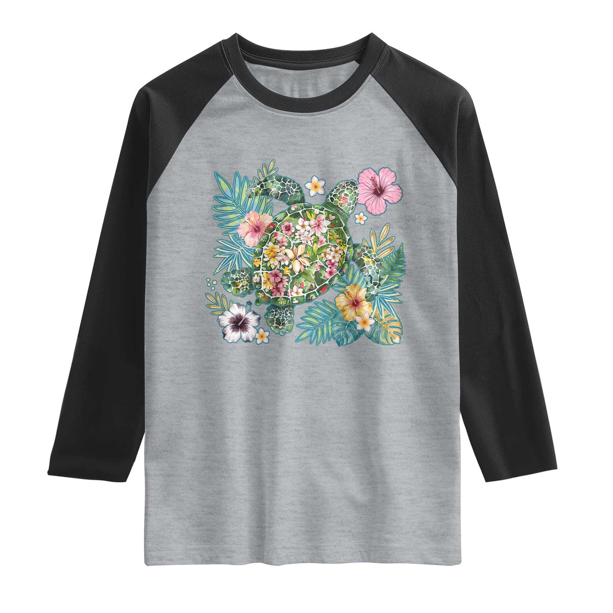 Floral Summer Turtle Raglan Shirt Preppy Tropical Coastal Beach Graphic TS12 Heather Gray Black Print Your Wear