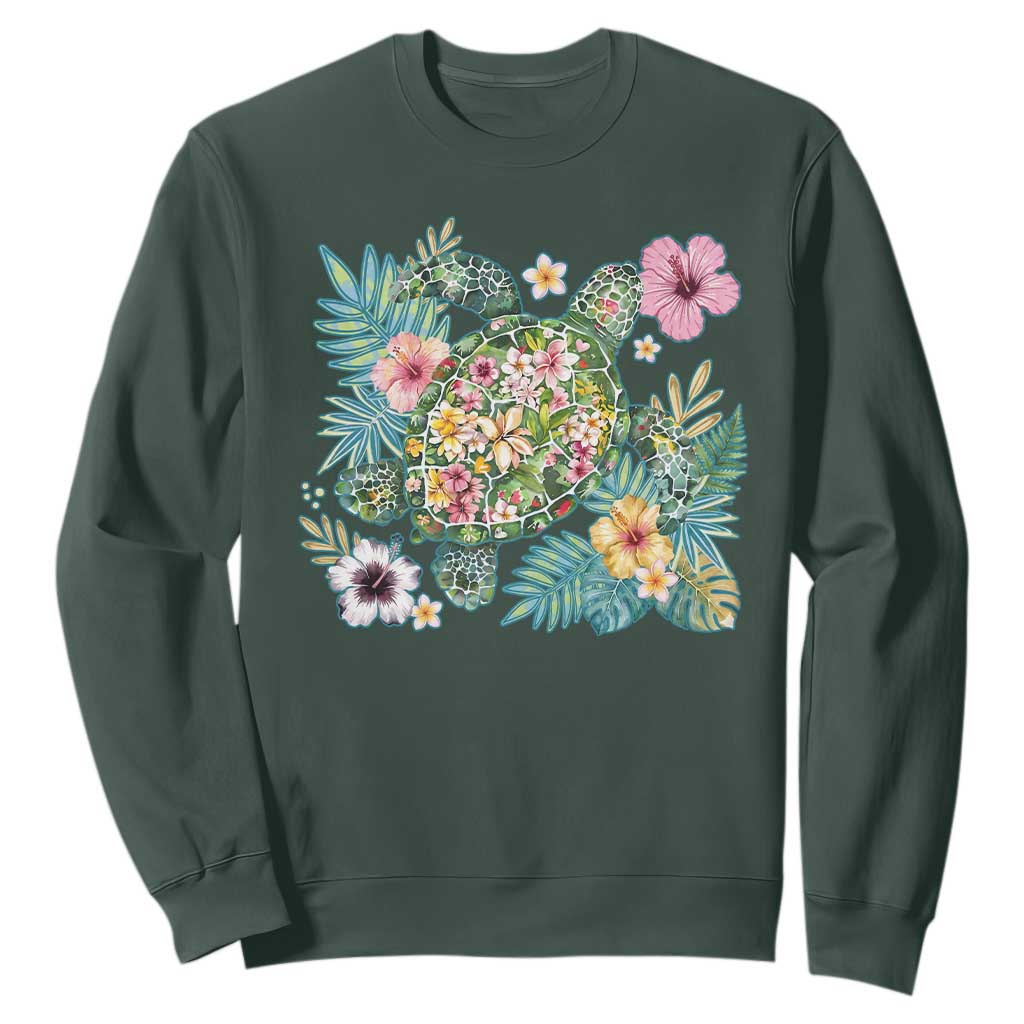 Floral Summer Turtle Sweatshirt Preppy Tropical Coastal Beach Graphic TS12 Dark Forest Green Print Your Wear
