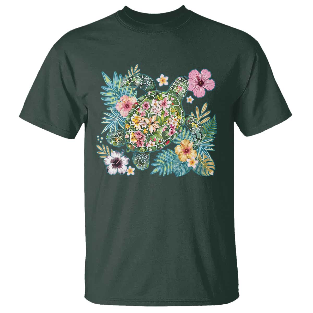 Floral Summer Turtle T Shirt Preppy Tropical Coastal Beach Graphic TS12 Dark Forest Green Print Your Wear
