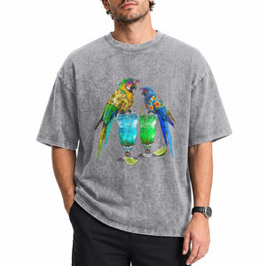 Hawaiian Parrots Drinking Margaritas Washed Cotton T-Shirt Beach Vacation Gift