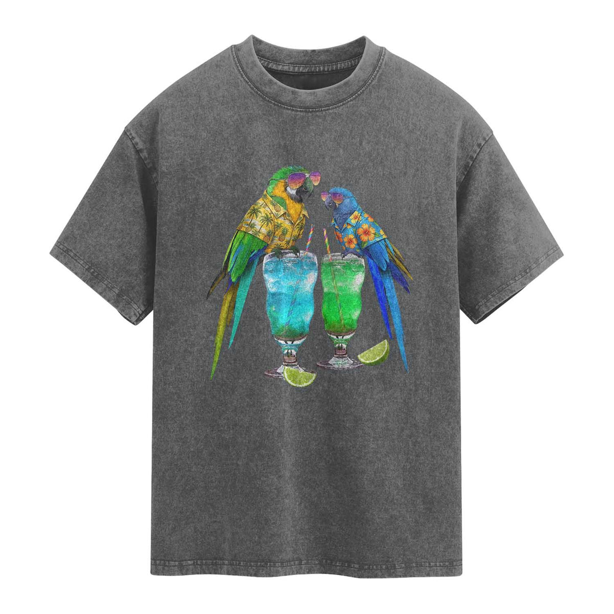 Hawaiian Parrots Drinking Margaritas Washed Cotton T-Shirt Beach Vacation Gift