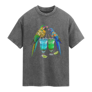 Hawaiian Parrots Drinking Margaritas Washed Cotton T-Shirt Beach Vacation Gift