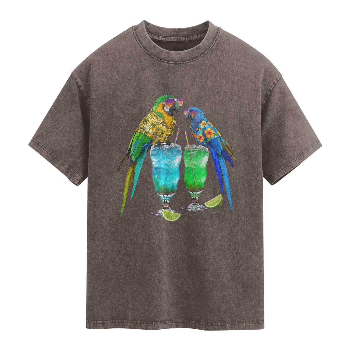 Hawaiian Parrots Drinking Margaritas Washed Cotton T-Shirt Beach Vacation Gift