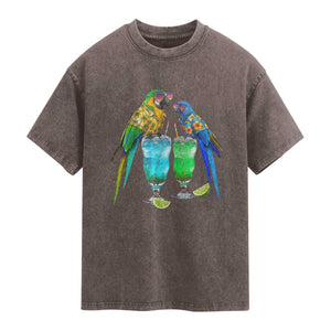 Hawaiian Parrots Drinking Margaritas Washed Cotton T-Shirt Beach Vacation Gift