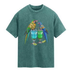 Hawaiian Parrots Drinking Margaritas Washed Cotton T-Shirt Beach Vacation Gift
