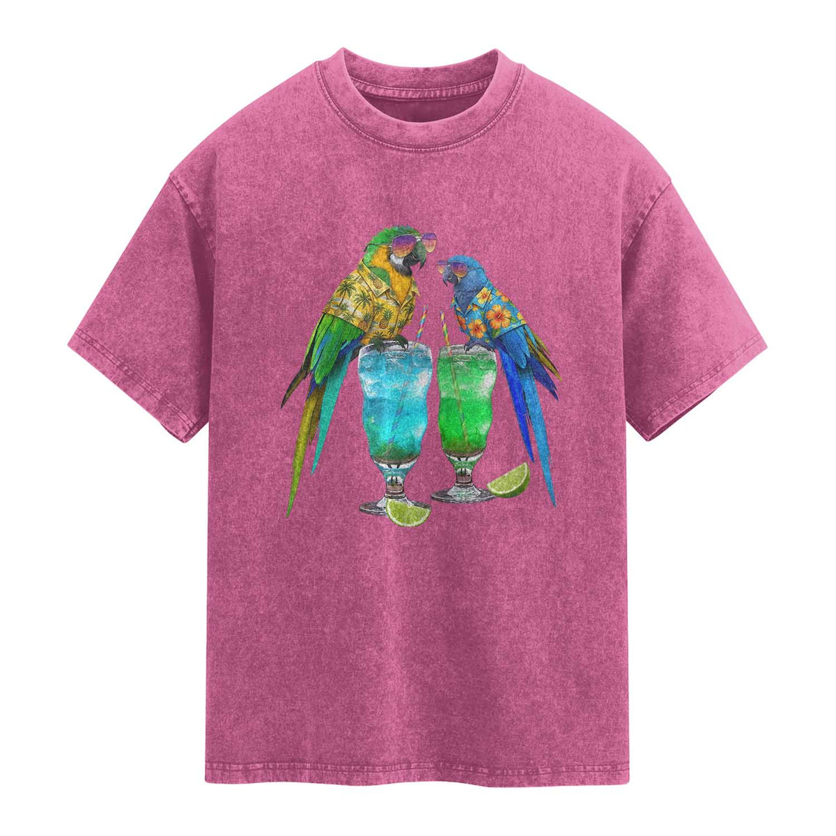 Hawaiian Parrots Drinking Margaritas Washed Cotton T-Shirt Beach Vacation Gift