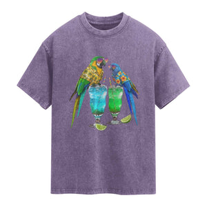 Hawaiian Parrots Drinking Margaritas Washed Cotton T-Shirt Beach Vacation Gift