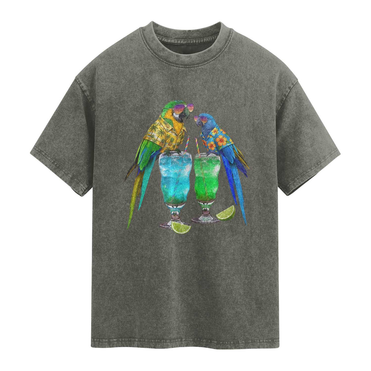 Hawaiian Parrots Drinking Margaritas Washed Cotton T-Shirt Beach Vacation Gift