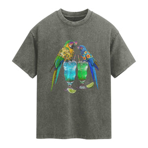 Hawaiian Parrots Drinking Margaritas Washed Cotton T-Shirt Beach Vacation Gift