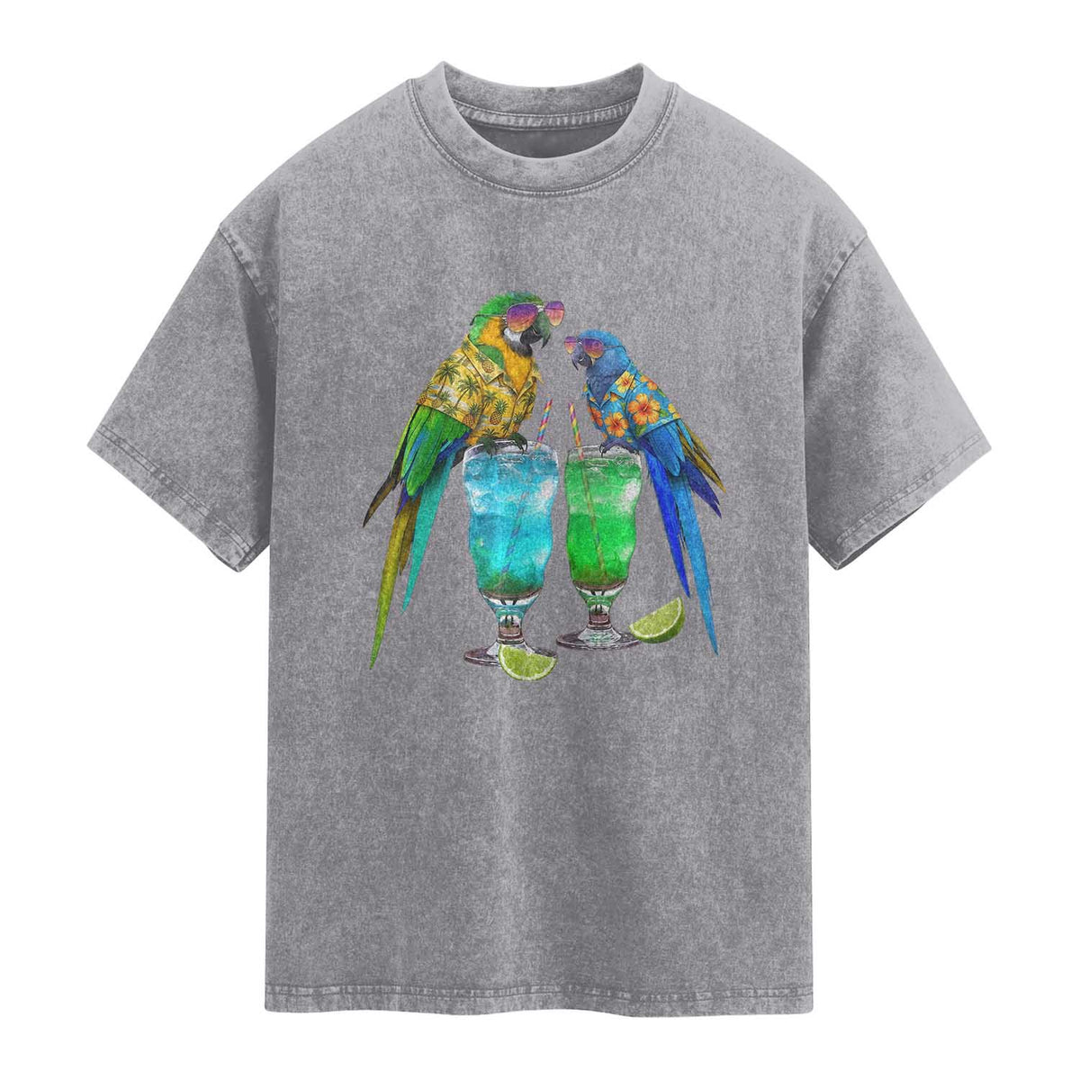 Hawaiian Parrots Drinking Margaritas Washed Cotton T-Shirt Beach Vacation Gift