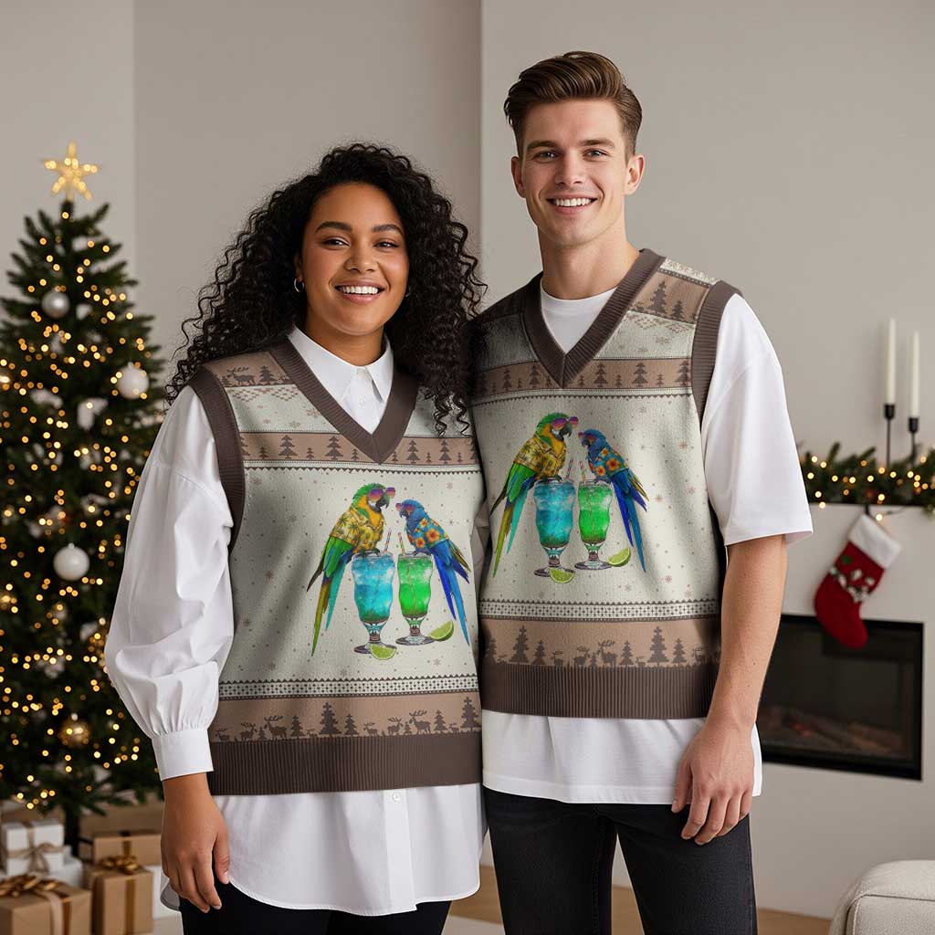 Hawaiian Parrots Drinking Margaritas V-Neck Knit Sweater Vest Beach Vacation Gift TS12 Mocha Mousse Print Your Wear