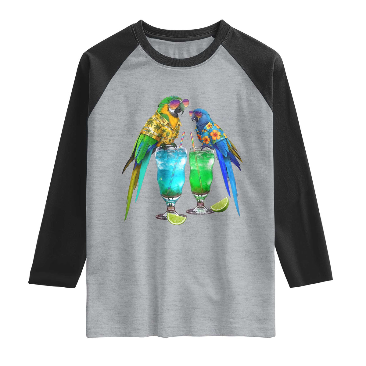 Hawaiian Parrots Drinking Margaritas Raglan Shirt Beach Vacation Gift TS12 Heather Gray Black Print Your Wear