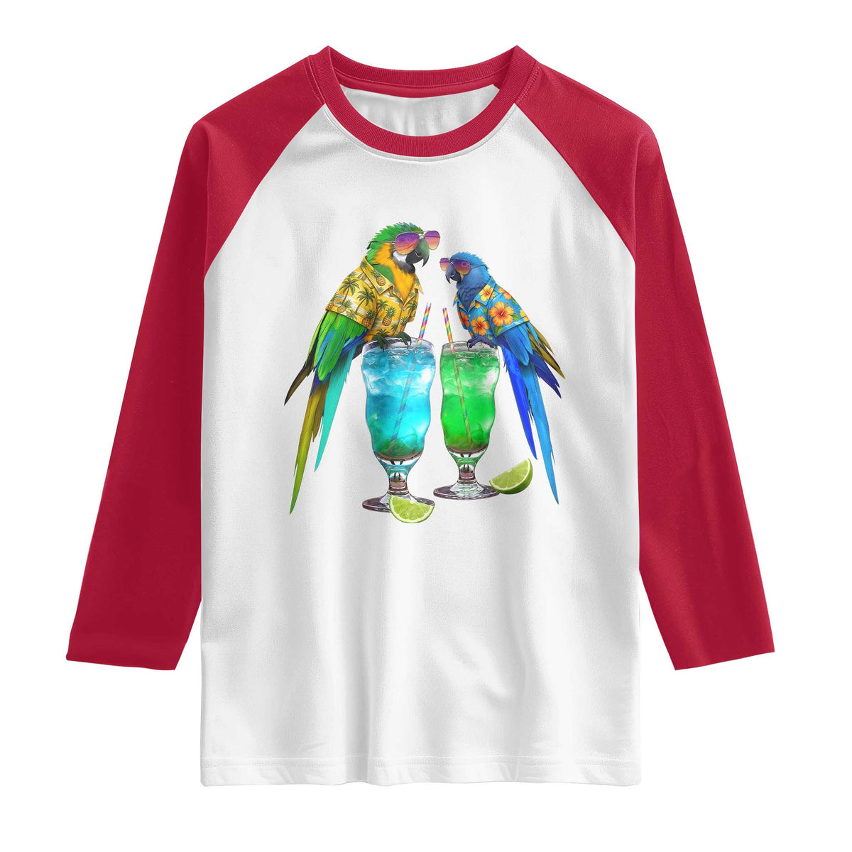 Hawaiian Parrots Drinking Margaritas Raglan Shirt Beach Vacation Gift TS12 White Red Print Your Wear