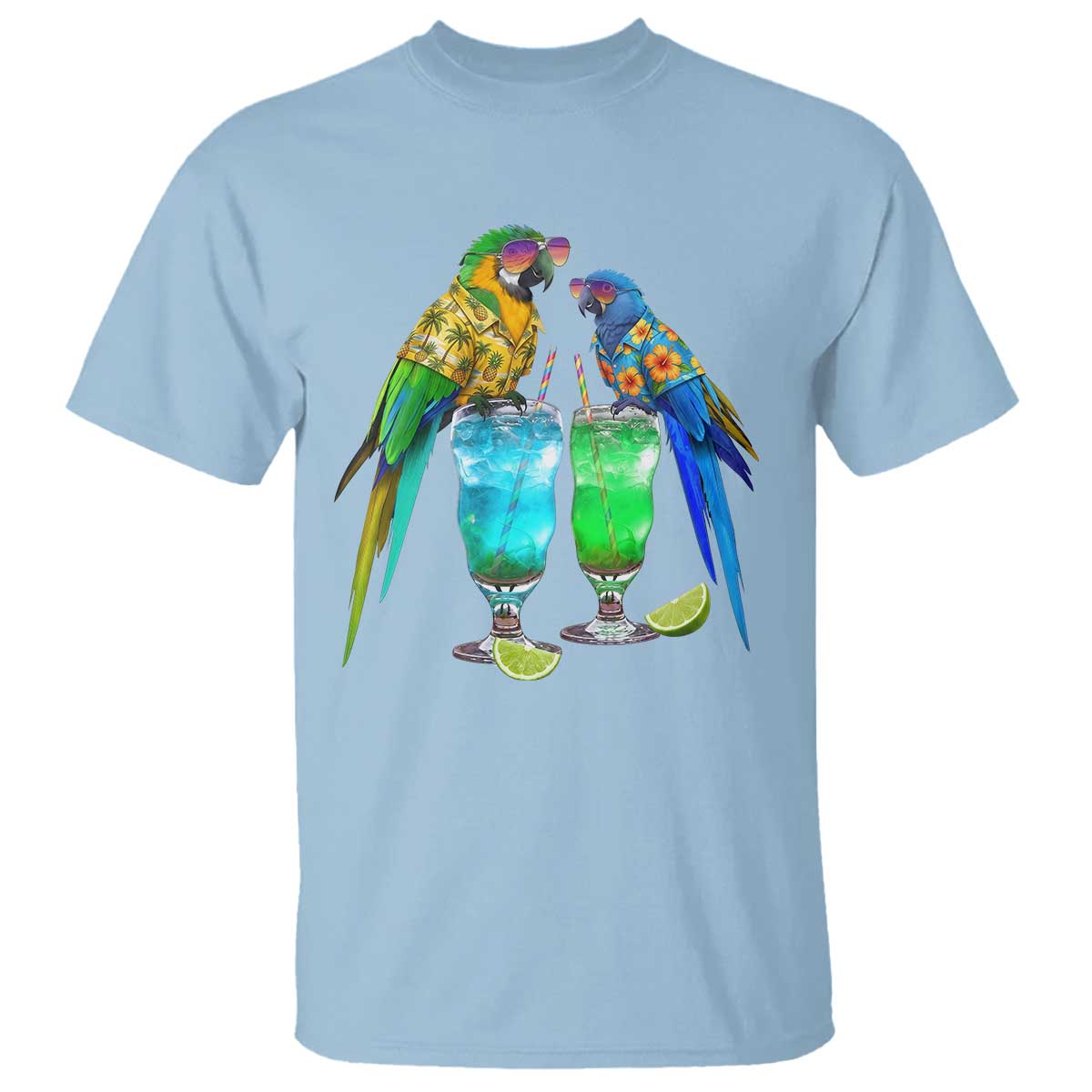 Hawaiian Parrots Drinking Margaritas T Shirt Beach Vacation Gift TS12 Light Blue Print Your Wear