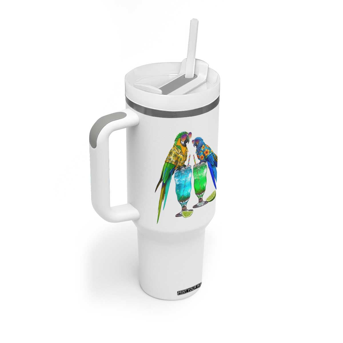 Hawaiian Parrots Drinking Margaritas Tumbler With Handle Beach Vacation Gift TS12 Print Your Wear