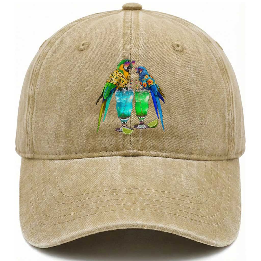 Hawaiian Parrots Drinking Margaritas Washed Cotton Baseball Cap Beach Vacation Gift TS12 Print Your Wear
