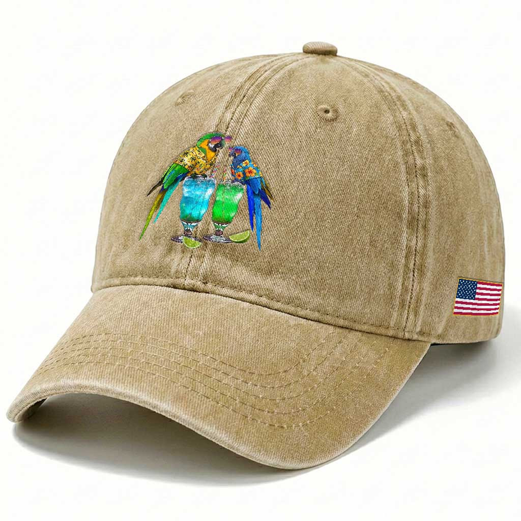 Hawaiian Parrots Drinking Margaritas Washed Cotton Baseball Cap Beach Vacation Gift TS12 Print Your Wear