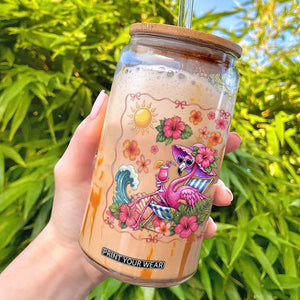Funny Flamingo Tropical Floral Summer Vacation Graphic Glass Can TS12 White Print Your Wear