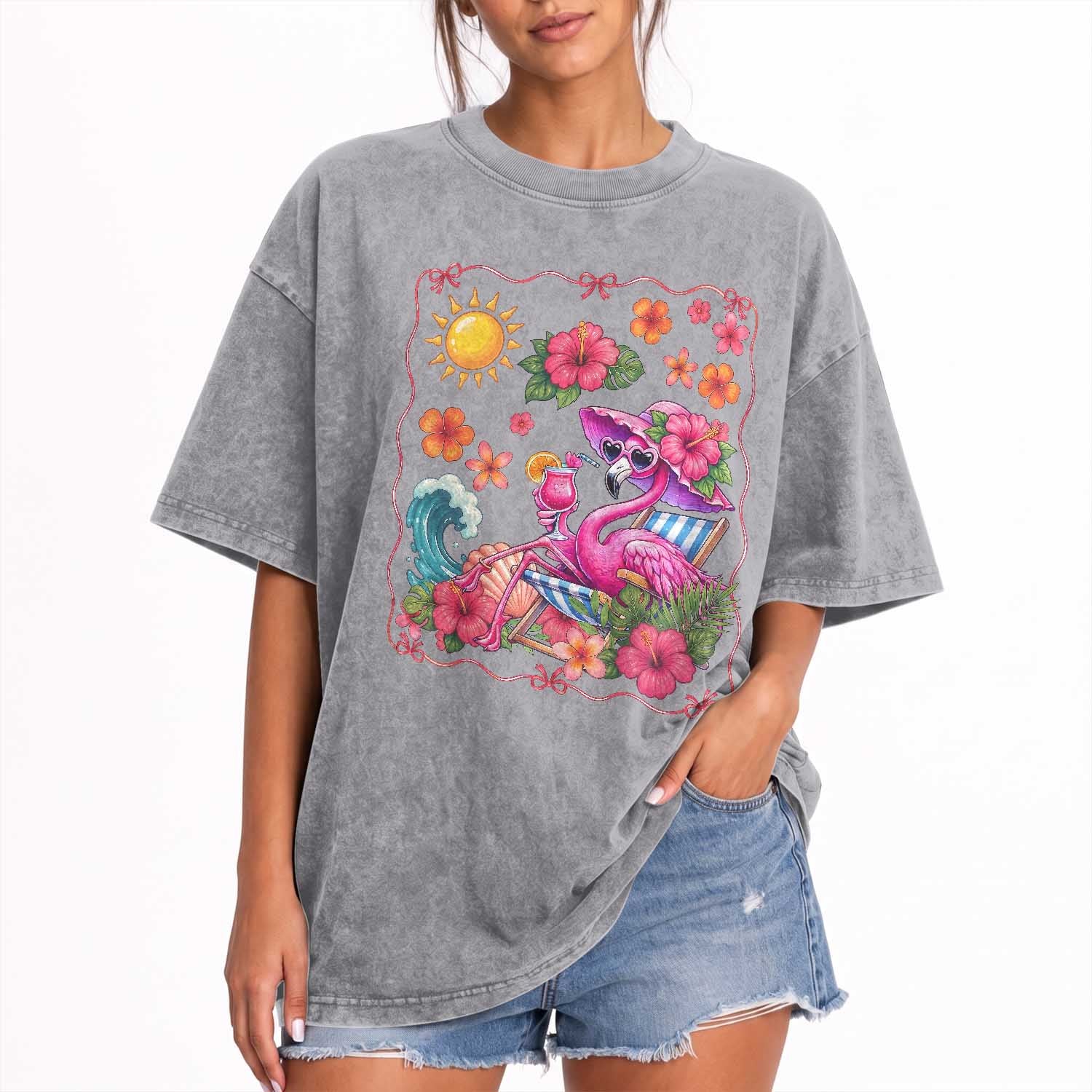 Funny Flamingo Tropical Floral Summer Vacation Graphic Washed Cotton T-Shirt