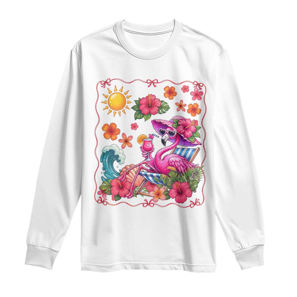 Funny Flamingo Tropical Floral Summer Vacation Graphic Long Sleeve Shirt TS12 White Print Your Wear
