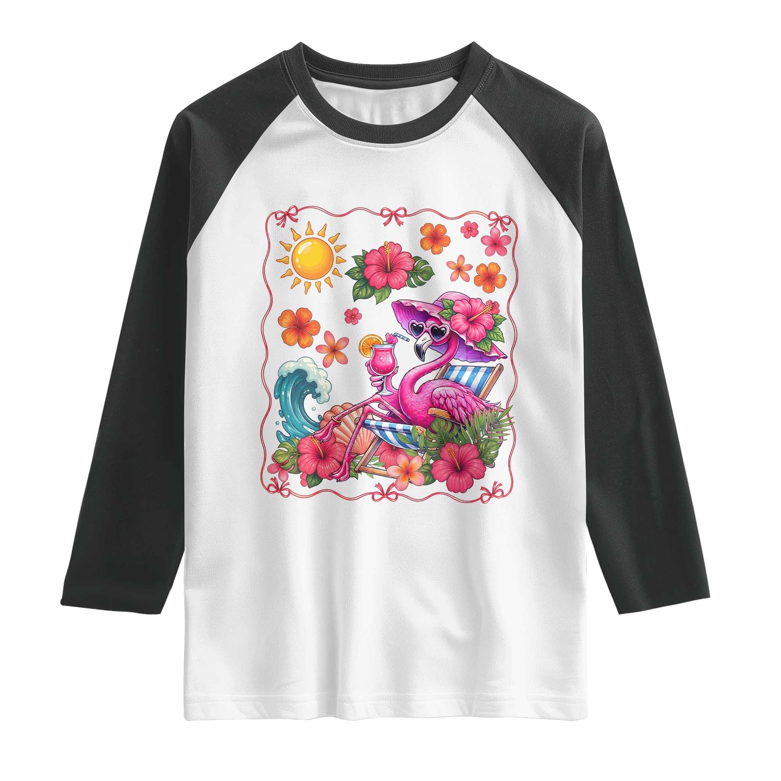 Funny Flamingo Tropical Floral Summer Vacation Graphic Raglan Shirt TS12 White Black Print Your Wear