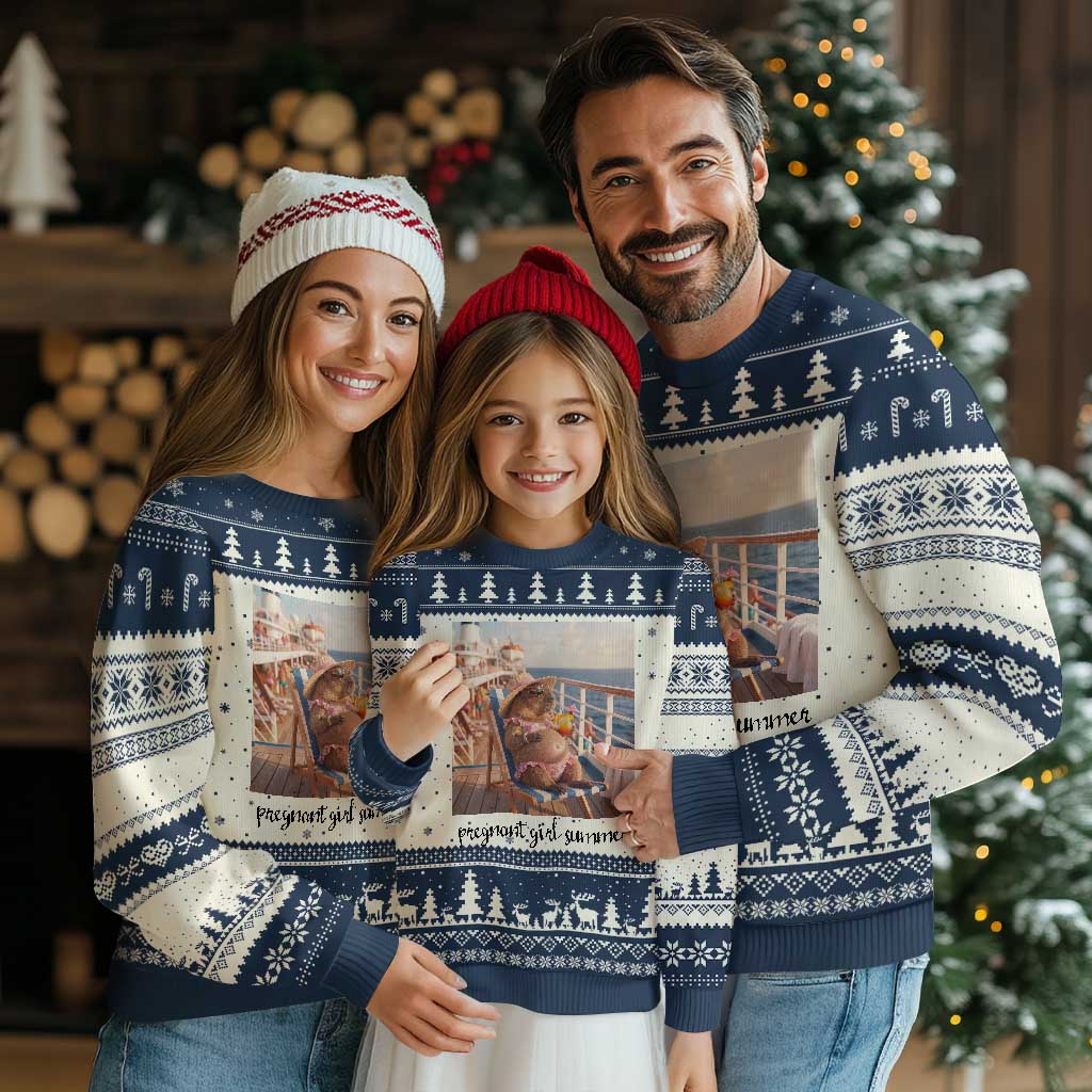 Summer Capybara Pregnancy Ugly Christmas Sweater Baby Announcement Gift TS12 Beige Navy Print Your Wear