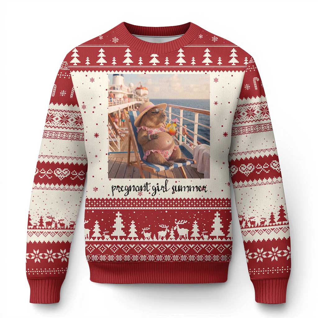 Summer Capybara Pregnancy Ugly Christmas Sweater Baby Announcement Gift TS12 Beige Red Print Your Wear