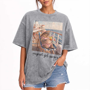 Summer Capybara Pregnancy Washed Cotton T-Shirt Baby Announcement Gift