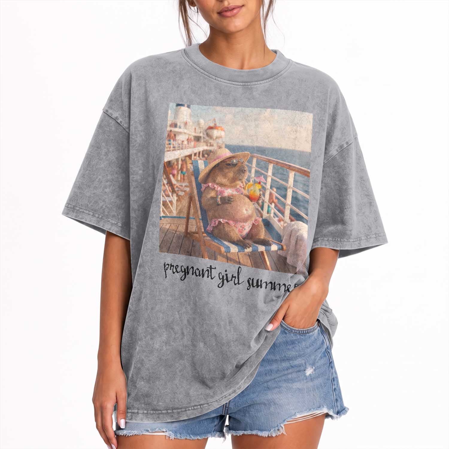 Summer Capybara Pregnancy Washed Cotton T-Shirt Baby Announcement Gift
