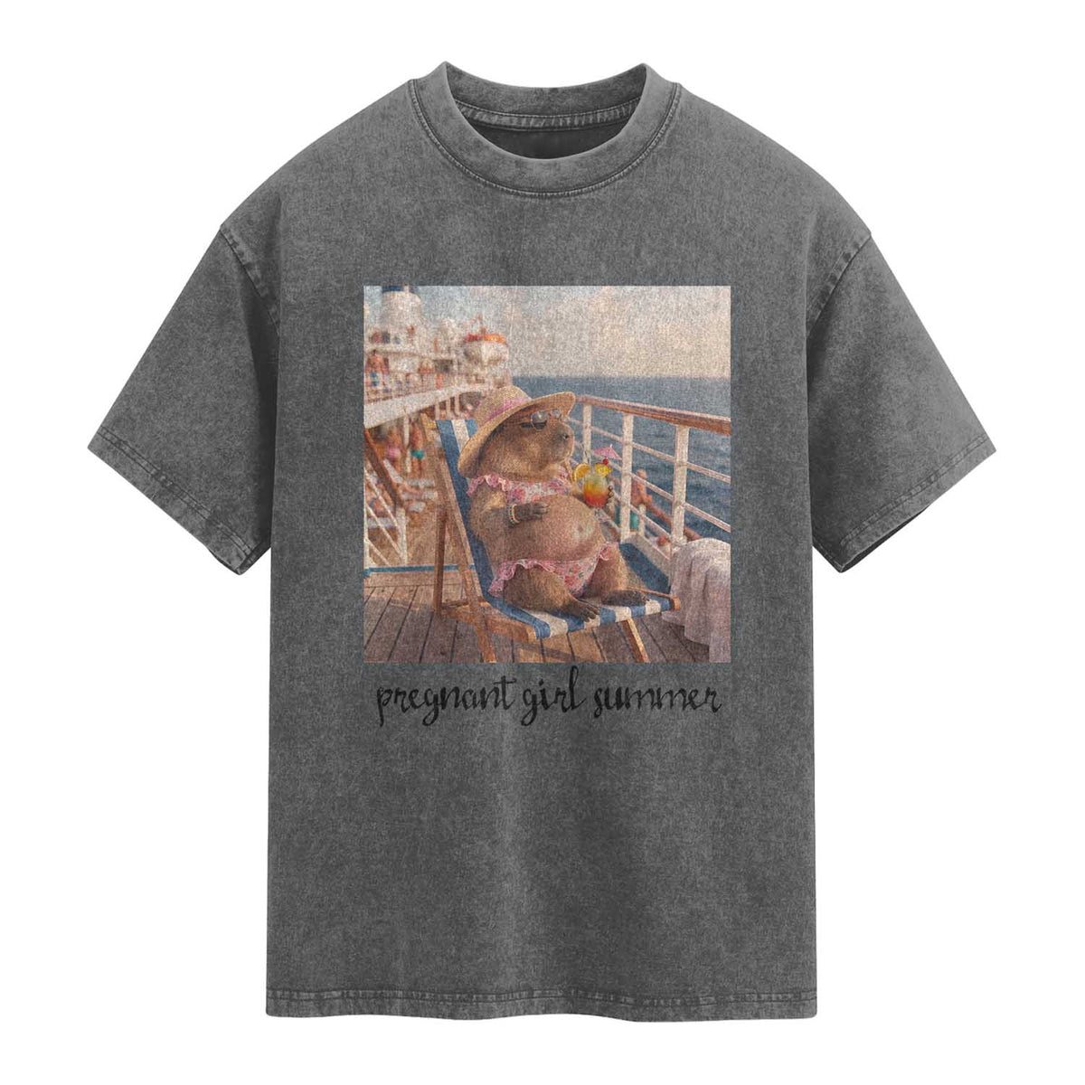 Summer Capybara Pregnancy Washed Cotton T-Shirt Baby Announcement Gift