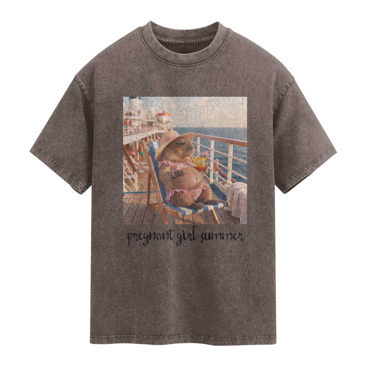 Summer Capybara Pregnancy Washed Cotton T-Shirt Baby Announcement Gift