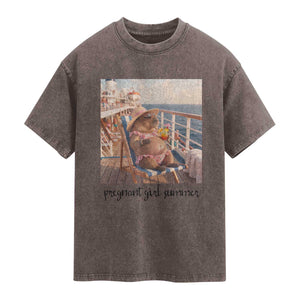 Summer Capybara Pregnancy Washed Cotton T-Shirt Baby Announcement Gift