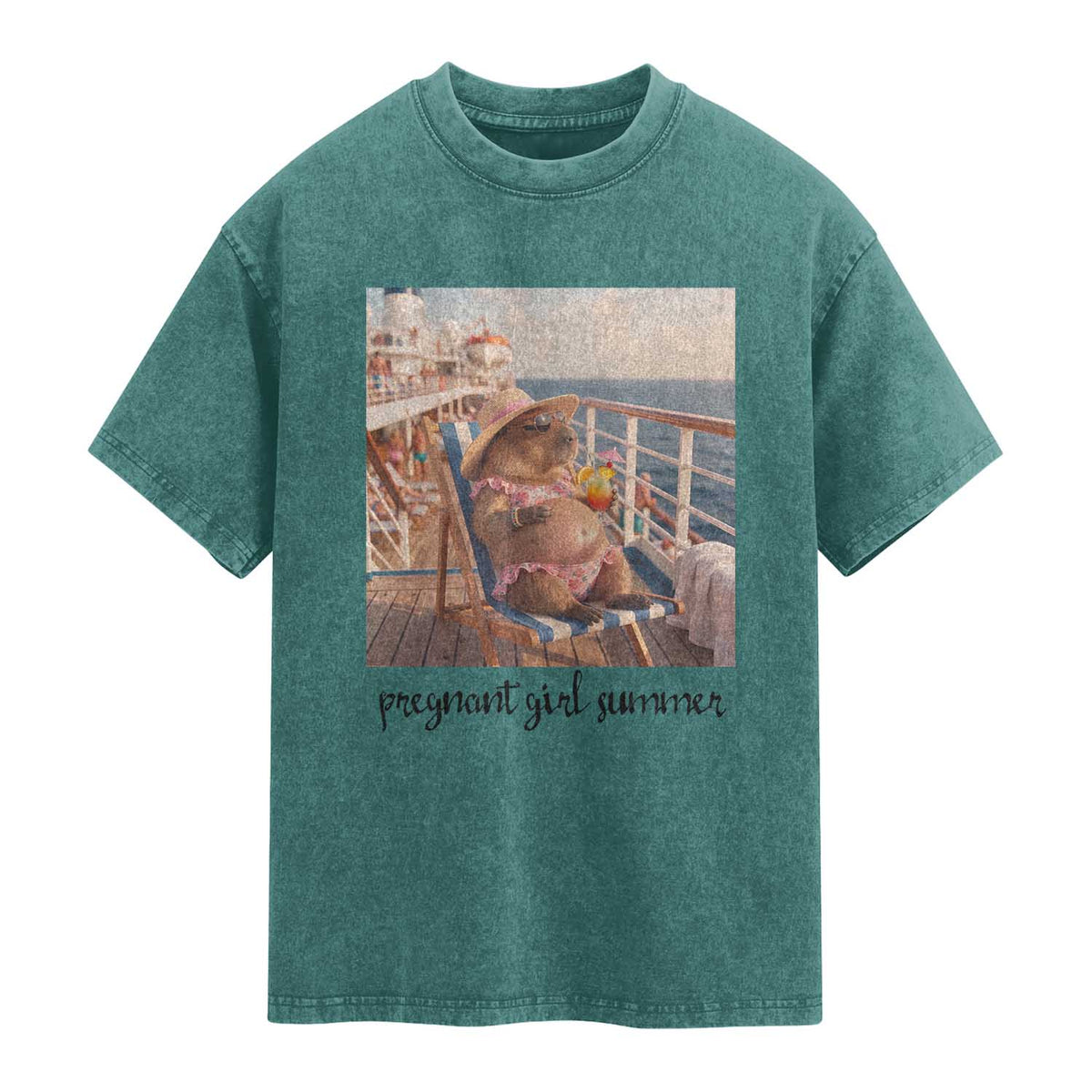 Summer Capybara Pregnancy Washed Cotton T-Shirt Baby Announcement Gift
