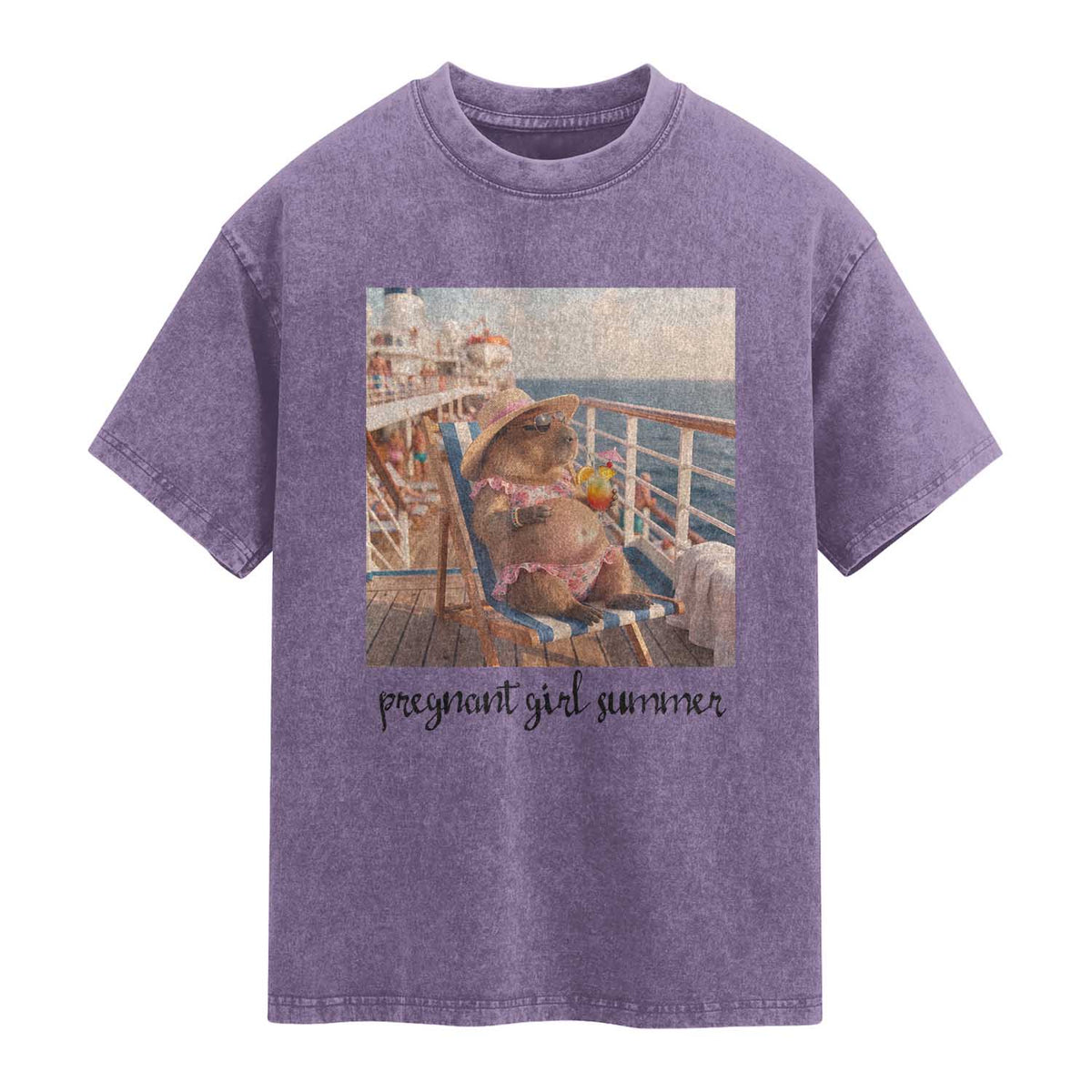 Summer Capybara Pregnancy Washed Cotton T-Shirt Baby Announcement Gift