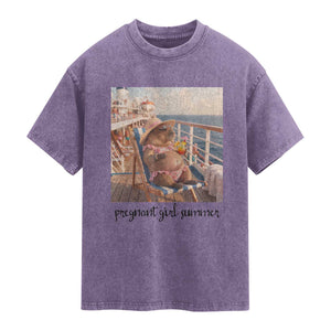Summer Capybara Pregnancy Washed Cotton T-Shirt Baby Announcement Gift