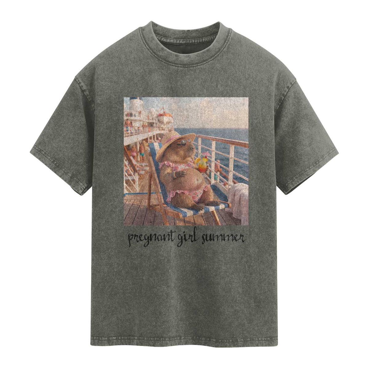 Summer Capybara Pregnancy Washed Cotton T-Shirt Baby Announcement Gift