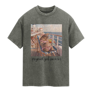 Summer Capybara Pregnancy Washed Cotton T-Shirt Baby Announcement Gift