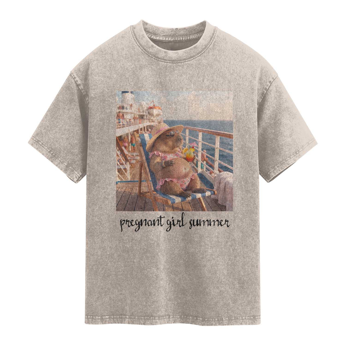 Summer Capybara Pregnancy Washed Cotton T-Shirt Baby Announcement Gift
