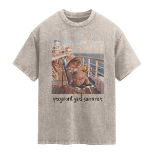 Summer Capybara Pregnancy Washed Cotton T-Shirt Baby Announcement Gift