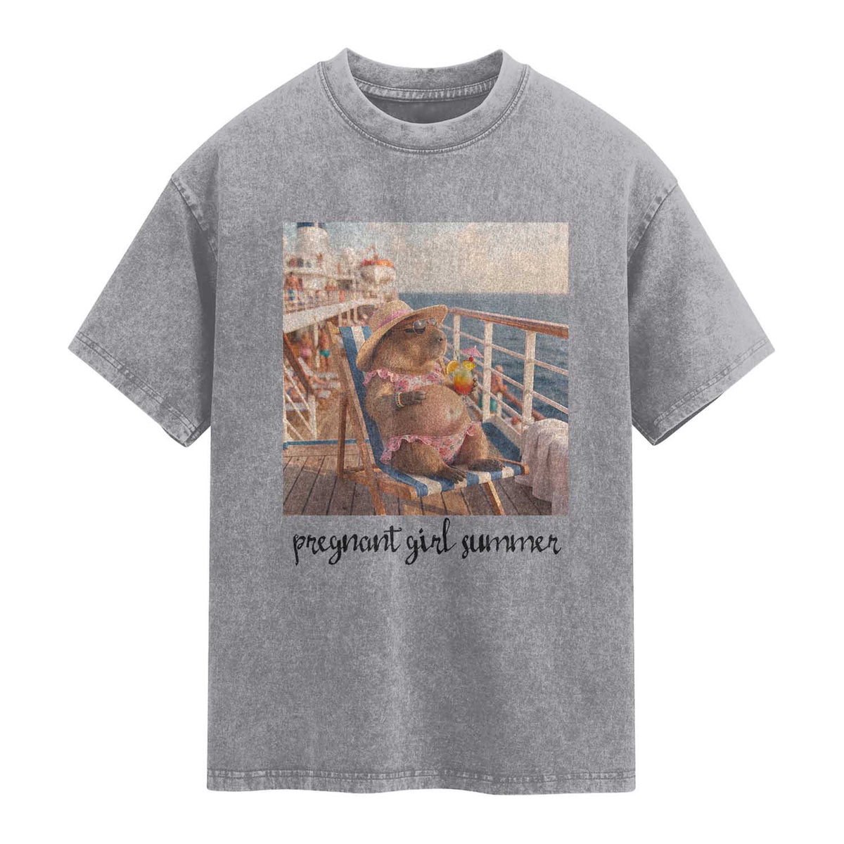Summer Capybara Pregnancy Washed Cotton T-Shirt Baby Announcement Gift