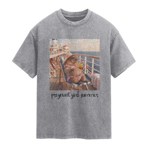 Summer Capybara Pregnancy Washed Cotton T-Shirt Baby Announcement Gift