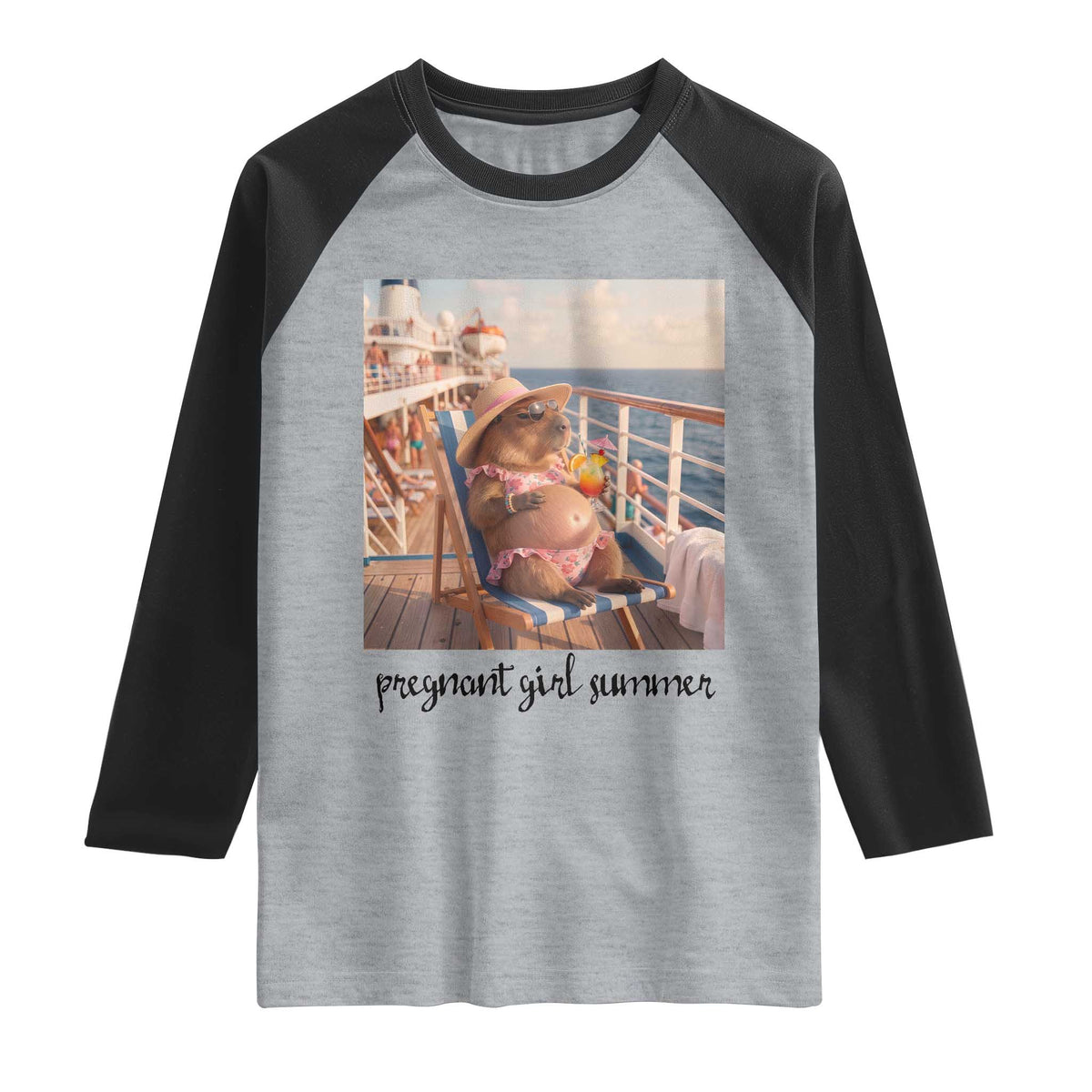 Summer Capybara Pregnancy Raglan Shirt Baby Announcement Gift TS12 Heather Gray Black Print Your Wear