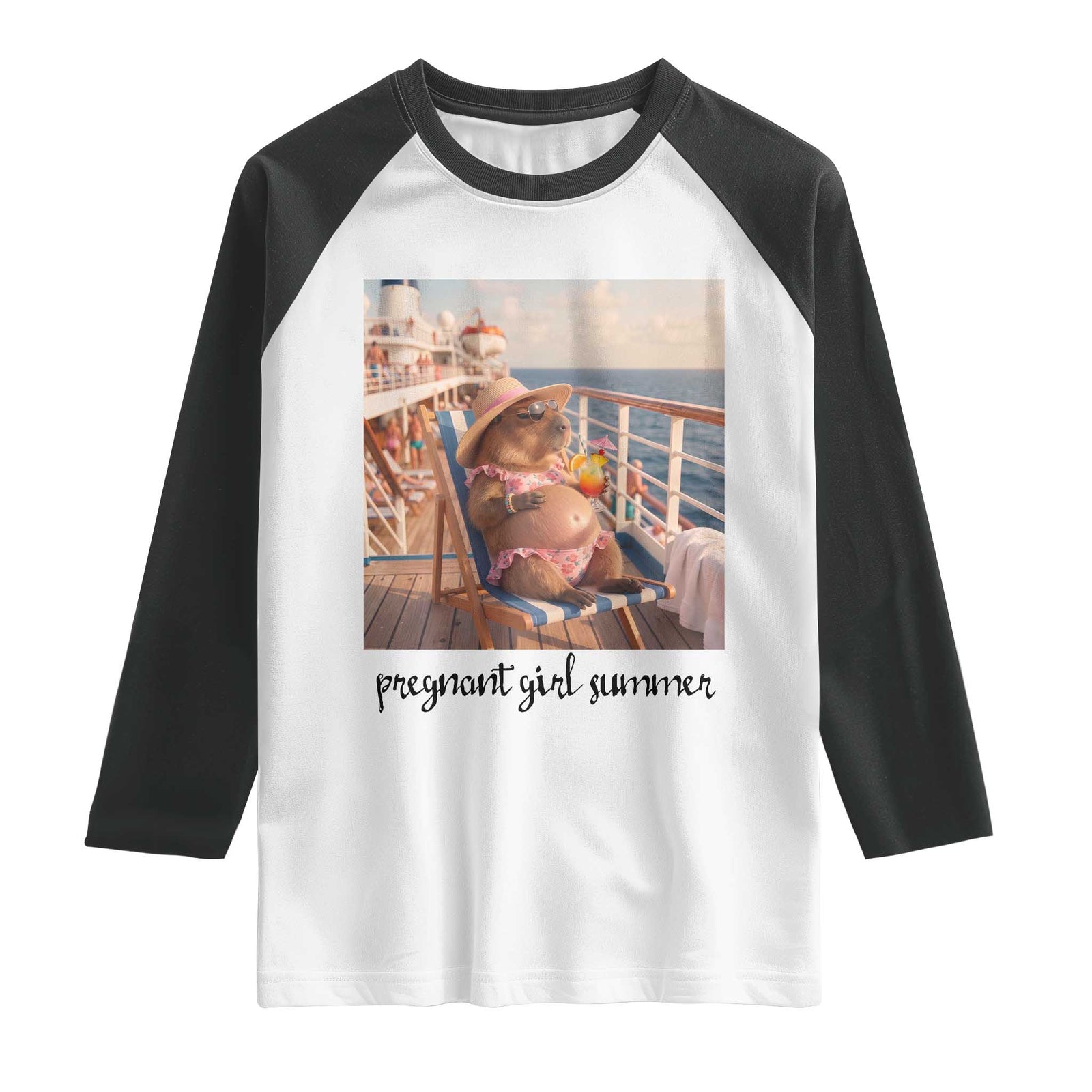 Summer Capybara Pregnancy Raglan Shirt Baby Announcement Gift TS12 White Black Print Your Wear